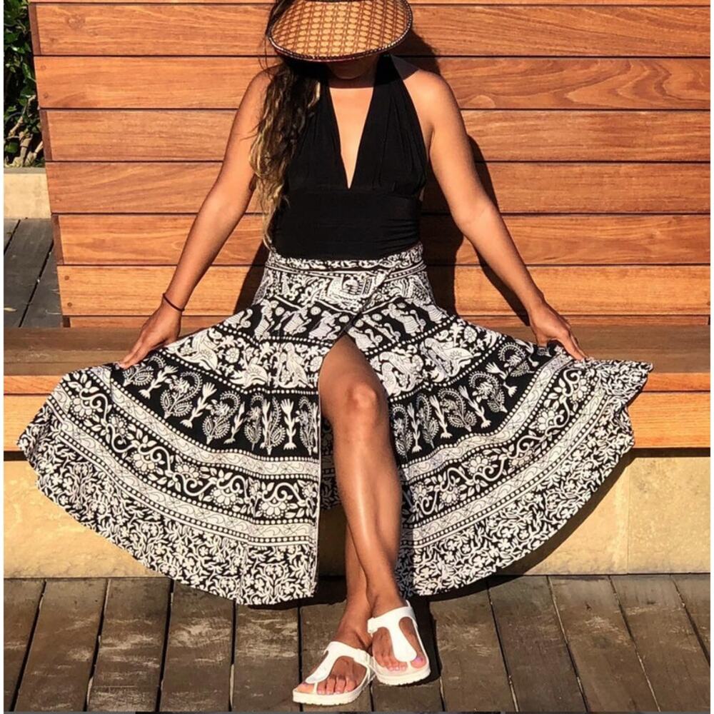 Black & Cream Block Print Indian Skirt
